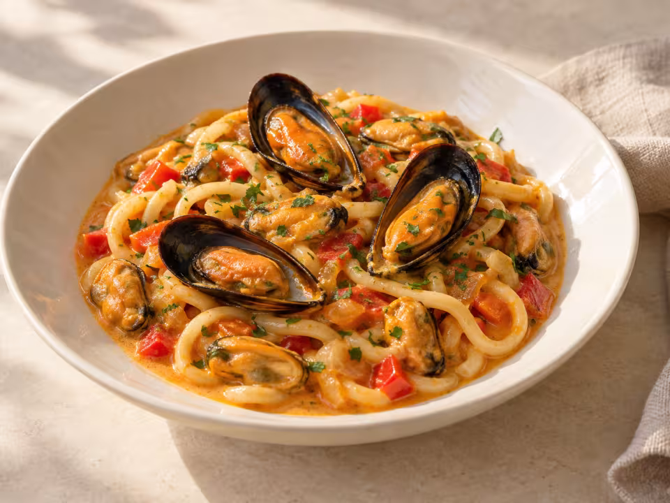 Udon con mejillones al curry rojo y coco servido
