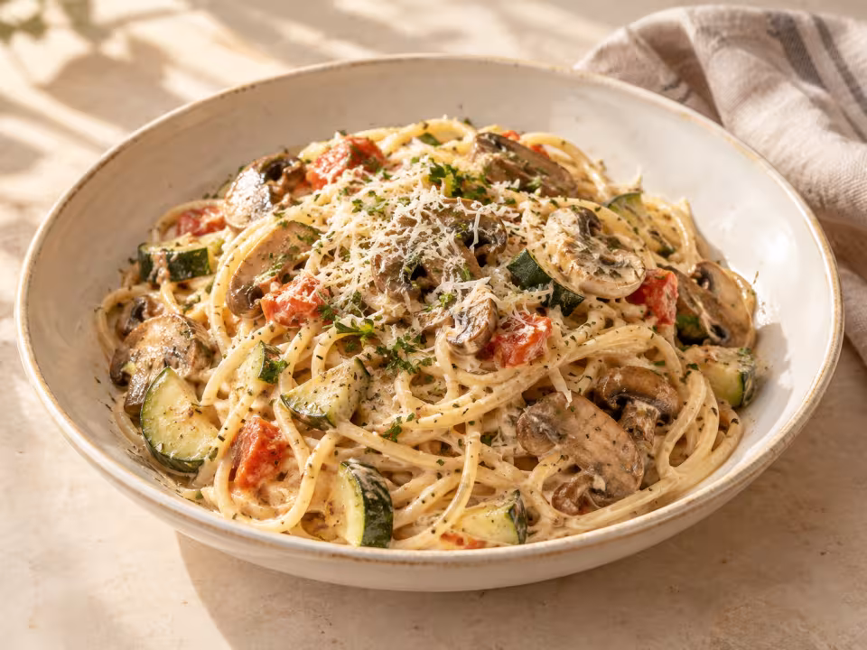 Creamy spaghetti with mushrooms and courgette ready to serve