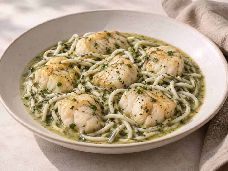 Rape con gulas en salsa verde servido