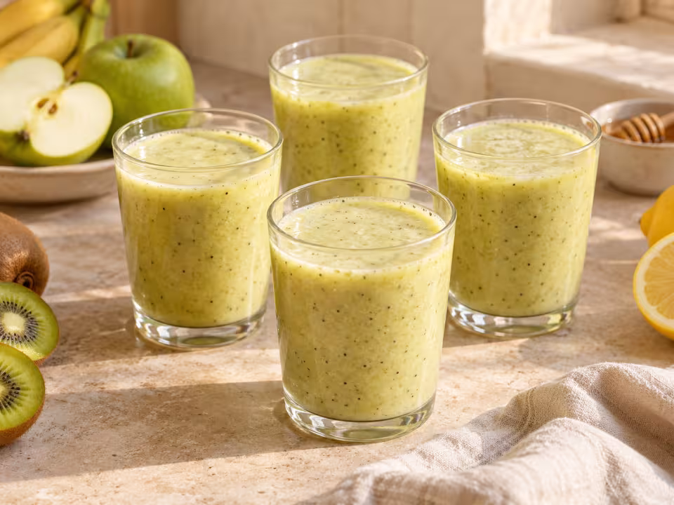 Apple, kiwi and banana smoothie with lemon ready to serve