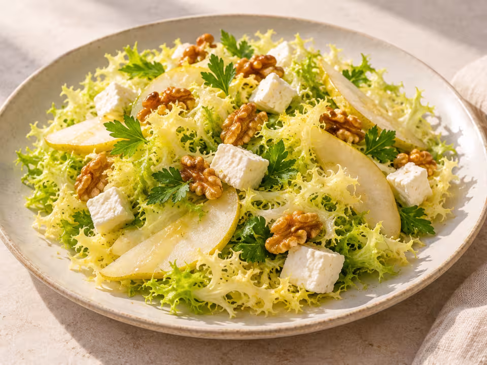 Ensalada de escarola, pera y queso fresco de cabra servido