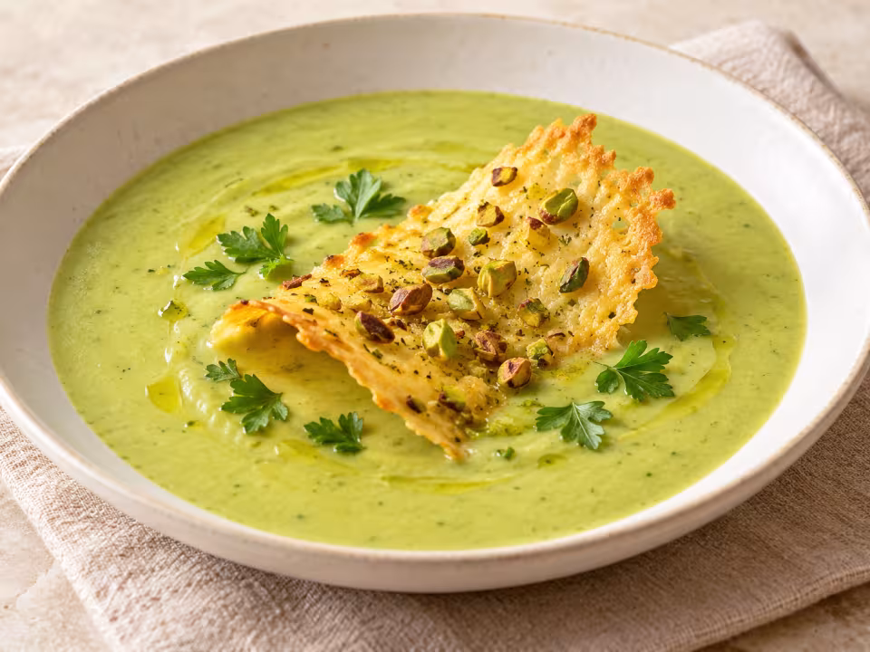 Courgette soup with cheese and pistachio crisps ready to serve