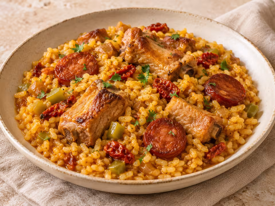 Bomba rice with pork ribs and chorizo ready to serve