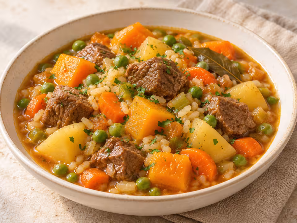 Beef carbonada with pumpkin, potato and rice ready to serve