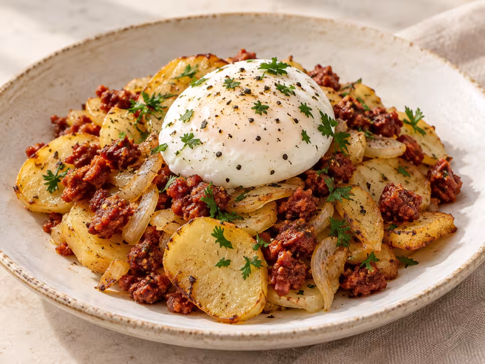 Huevo escalfado con patatas panadera y chorizo servido