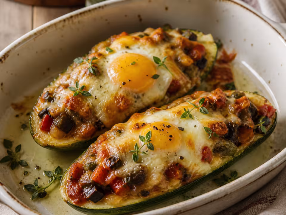 Mitades de calabac&iacute;n rellenas de pisto, huevo y queso gratinado