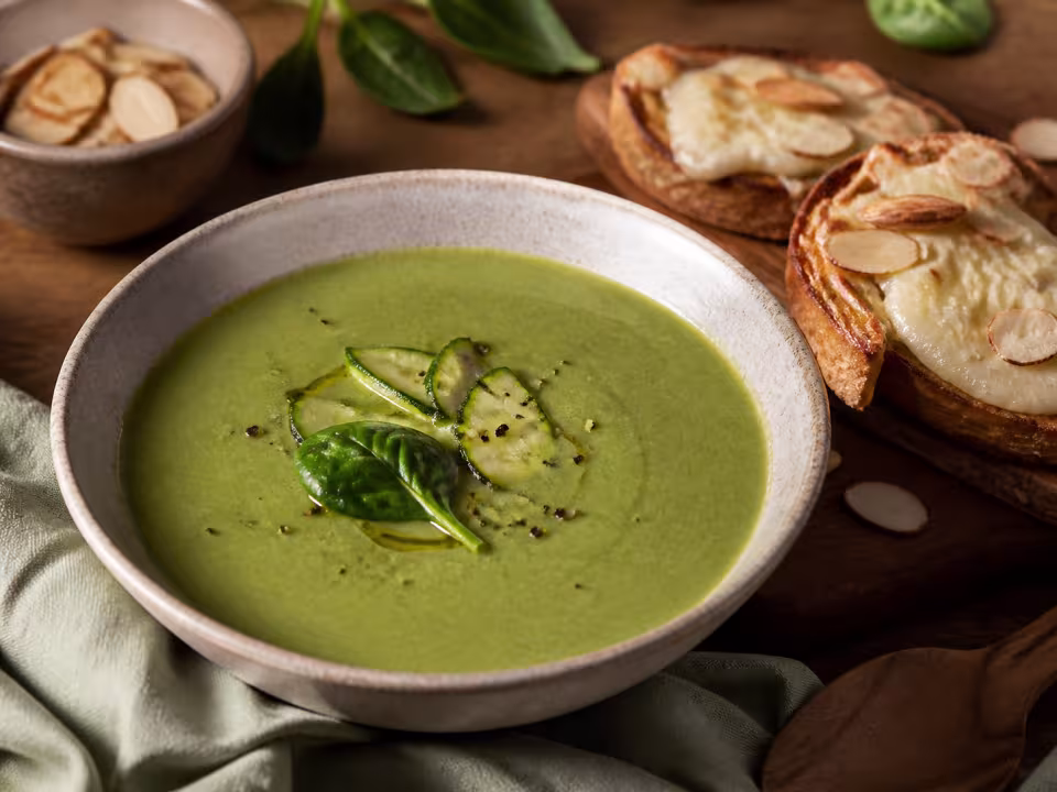 Crema verde de espinacas y calabac&iacute;n con tostadas de queso y almendras
