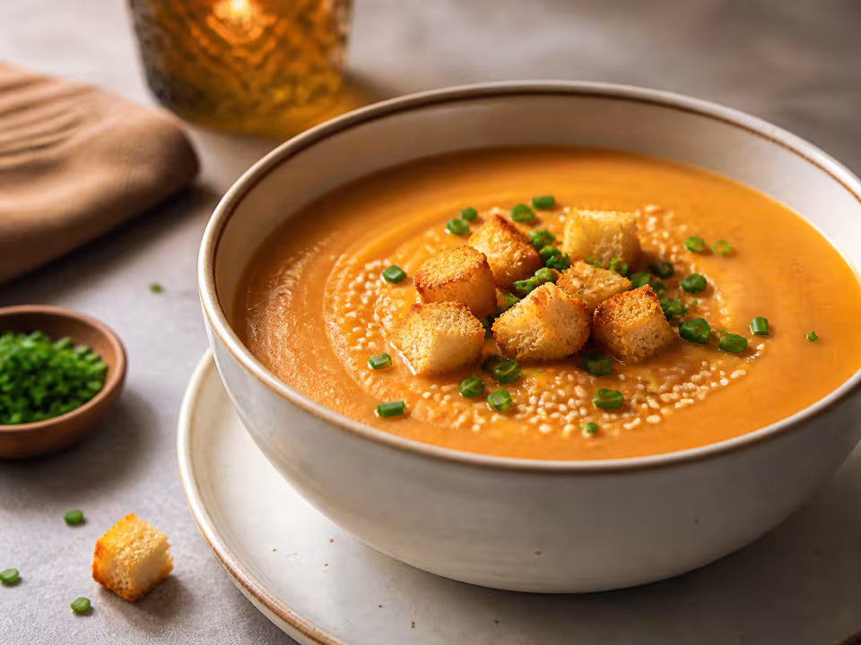 Crema de lentejas rojas al curry con picatostes, s&eacute;samo y cebollino