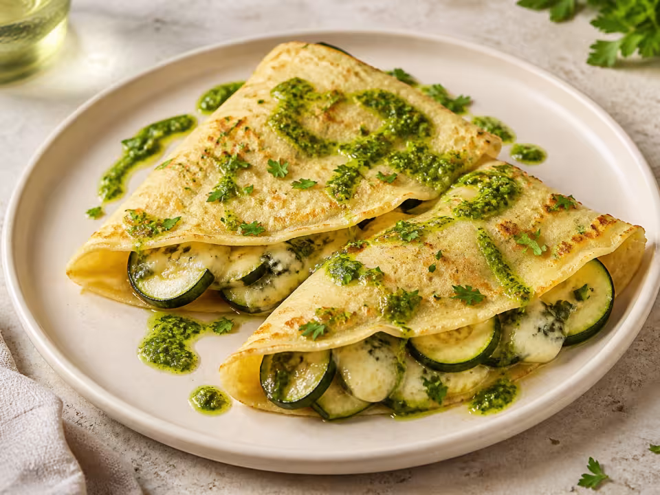 Crepes rellenos de calabac&iacute;n salteado y queso azul