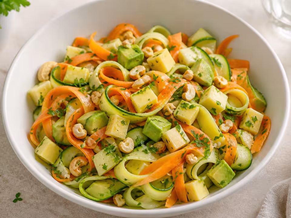 Ensalada de calabac&iacute;n y zanahoria con aguacate, queso emmental y anacardos