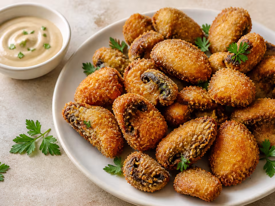 Setas empanadas y doradas con un cuenco de mayonesa de soja