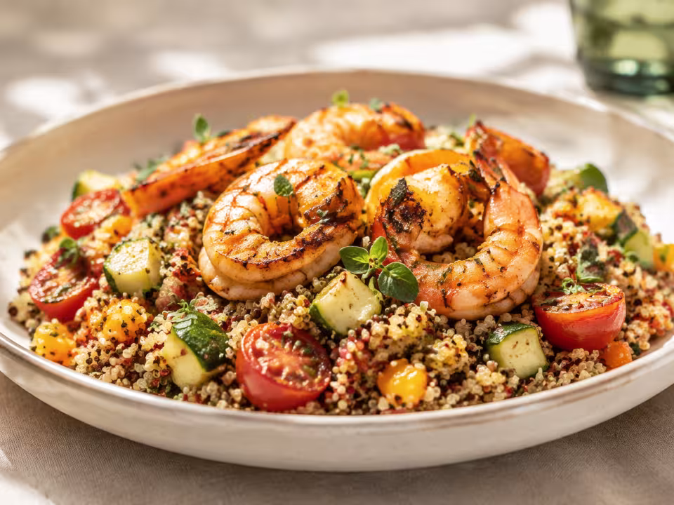 Quinoa with prawns plated and ready to eat
