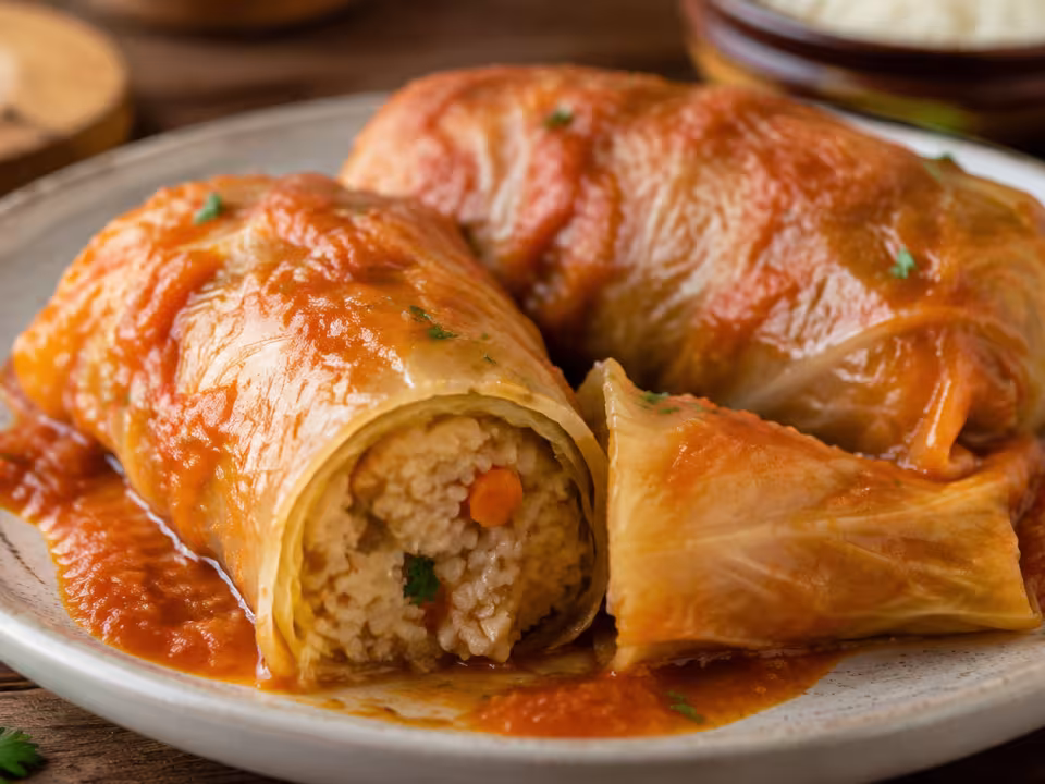 Cabbage rolls filled with vegetables and rice plated and ready to eat
