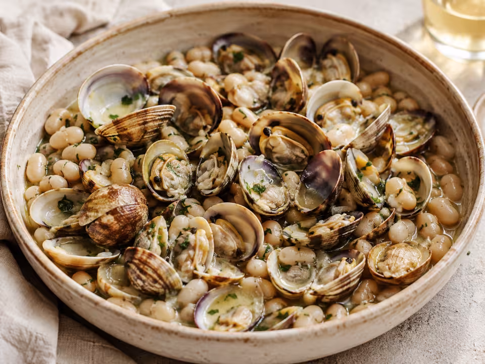 White beans with clams plated and ready to eat