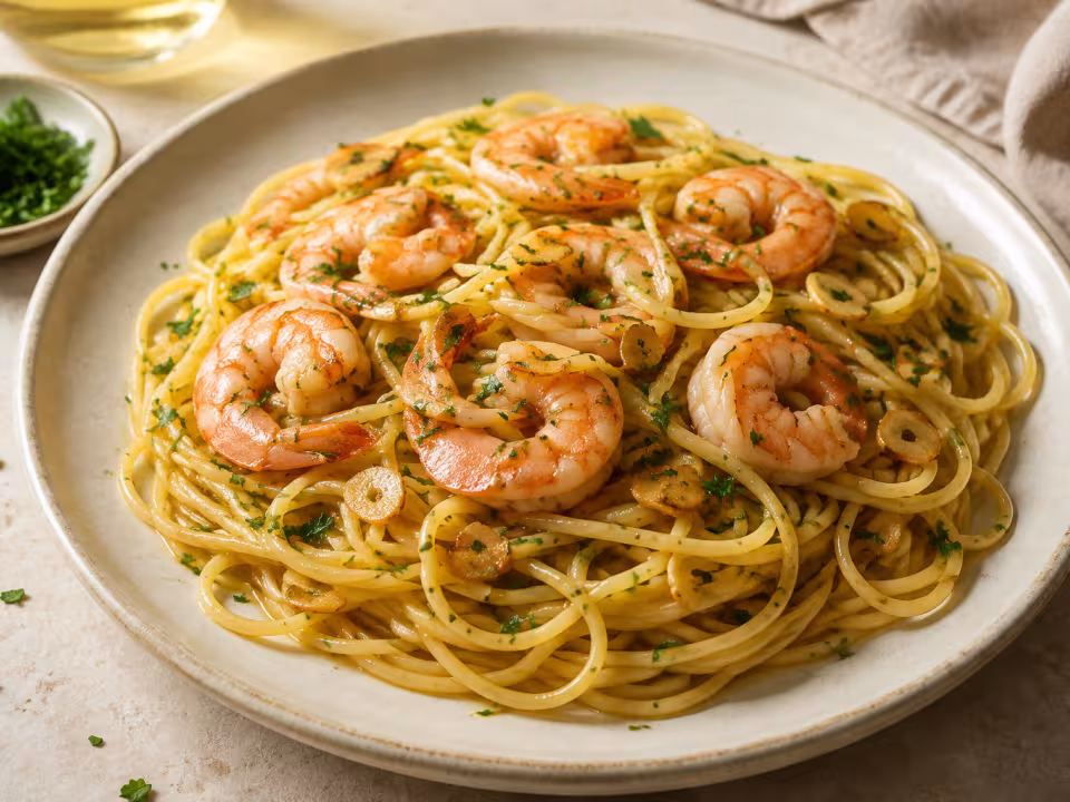 Garlic prawn spaghetti plated and ready to eat