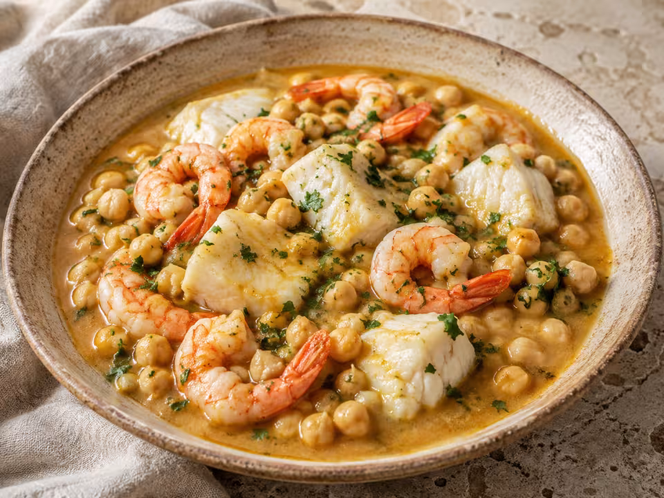 Garbanzos con bacalao y langostinos servido y listo para comer