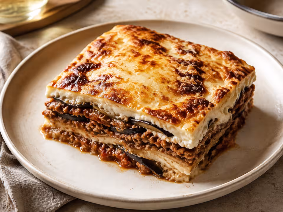 Aubergine and meat lasagne plated and ready to eat