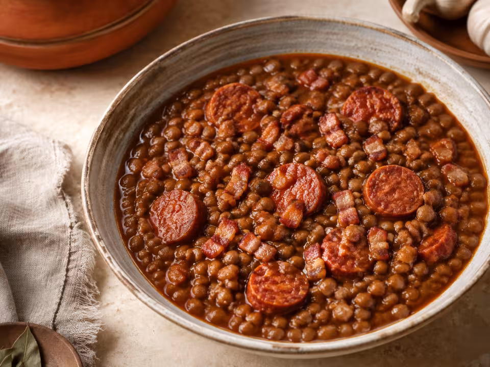 Lentil stew with chorizo and pancetta plated and ready to eat
