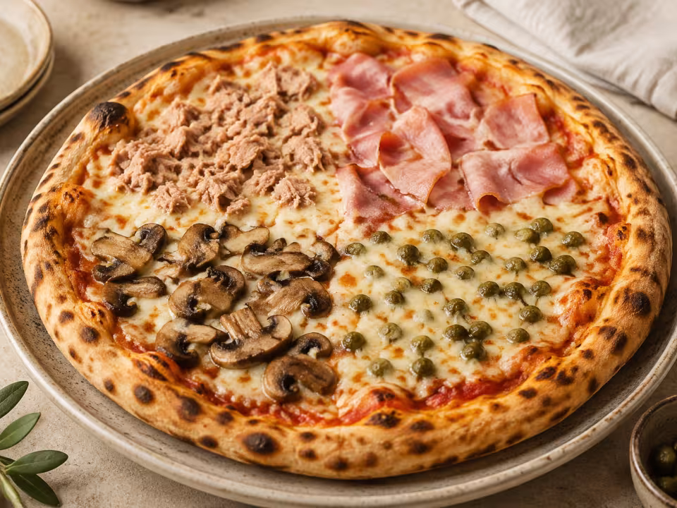 Four seasons pizza plated and ready to eat