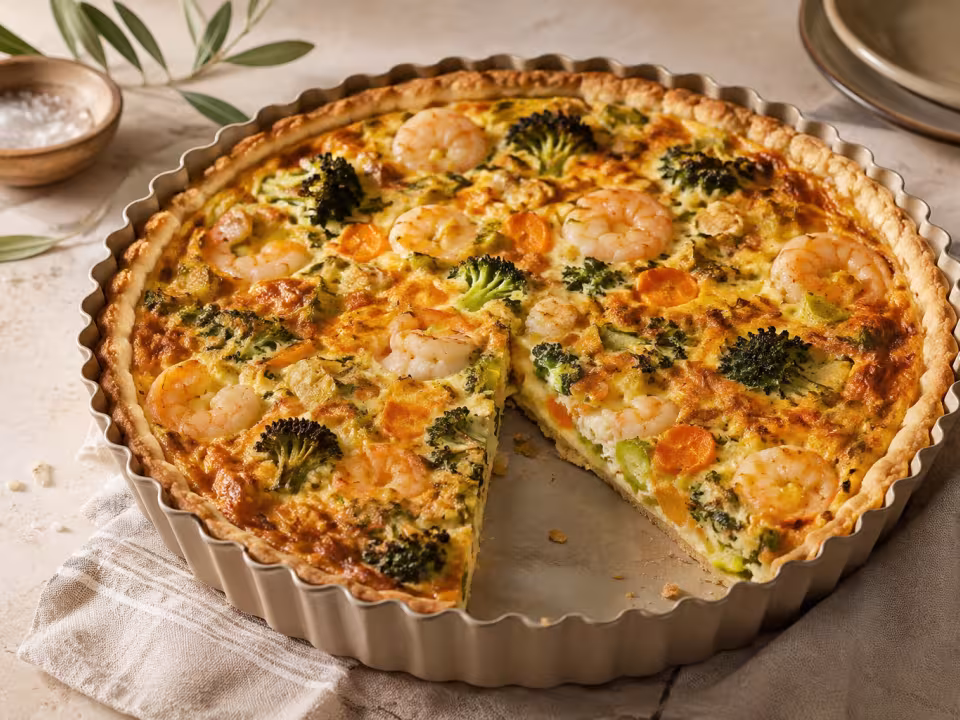 Quiche de verduras con gambas servido y listo para comer