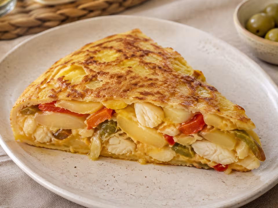 Potato, pepper and cod omelette plated and ready to eat