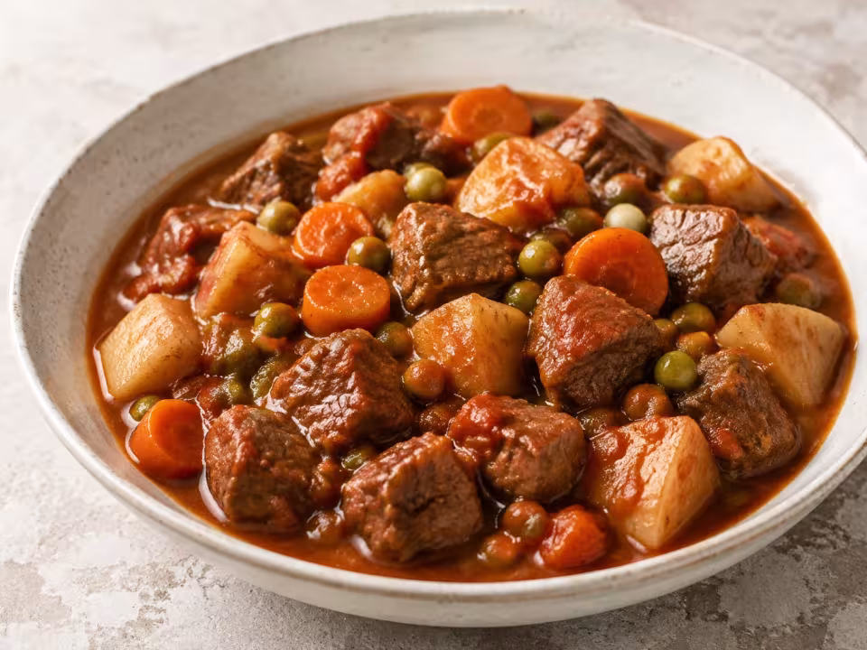 Beef and vegetable stew served on a light table