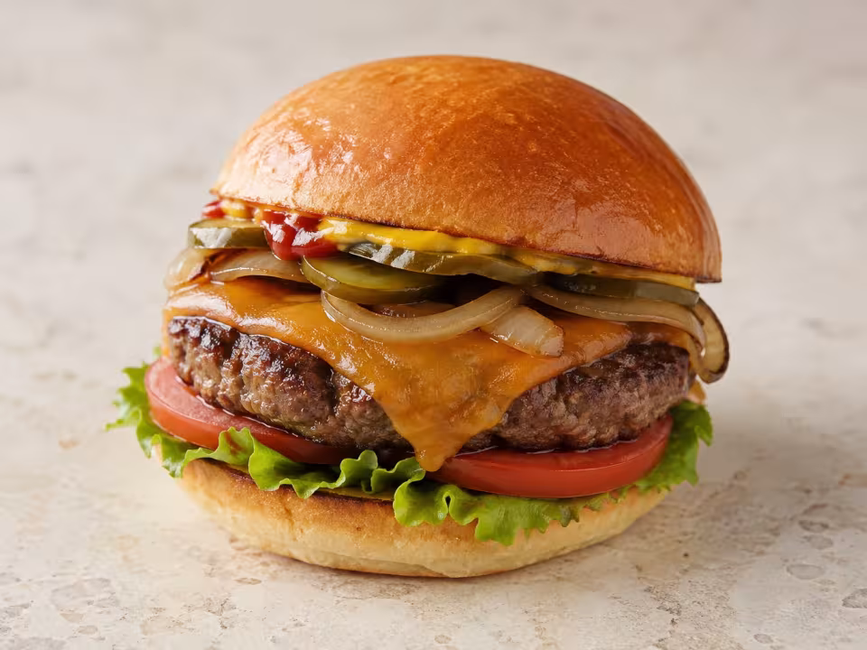 Homemade cheeseburger served on a light table