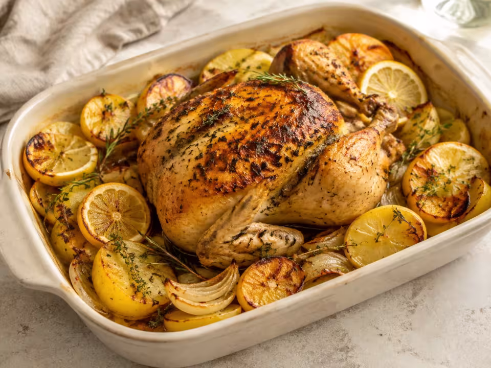 Roast chicken with sliced potatoes served on a light table