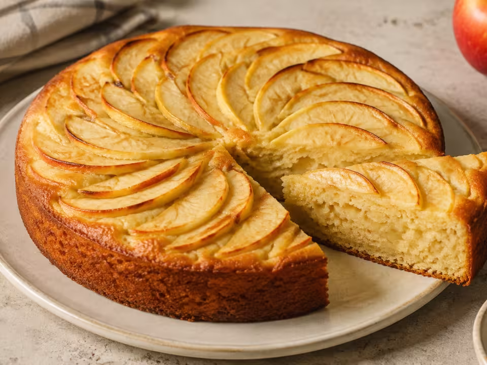 Homemade apple cake served on a light table