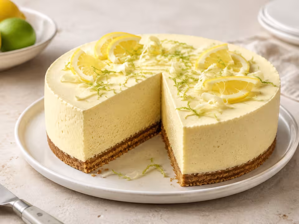 Lemon mousse cake served on a light table