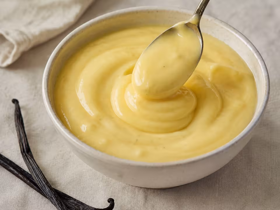 Crema pastelera de vainilla presentado con un acabado casero y natural
