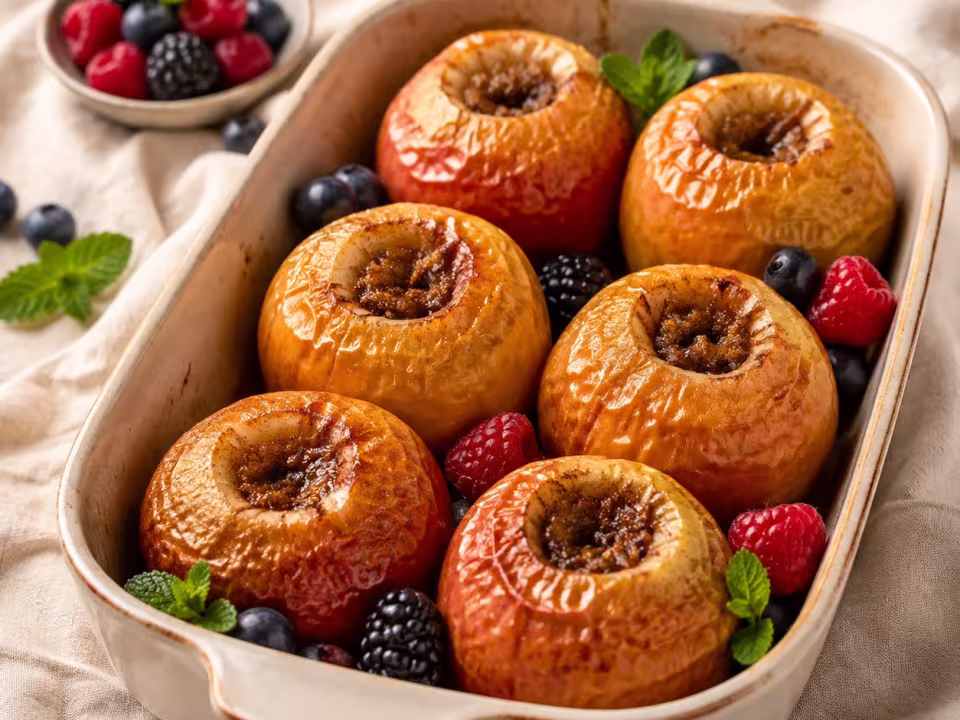 Baked apples with cinnamon and berries served with a natural homemade finish