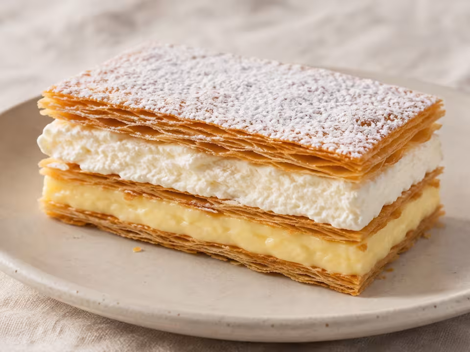 Milhojas de crema y nata presentado con un acabado casero y natural