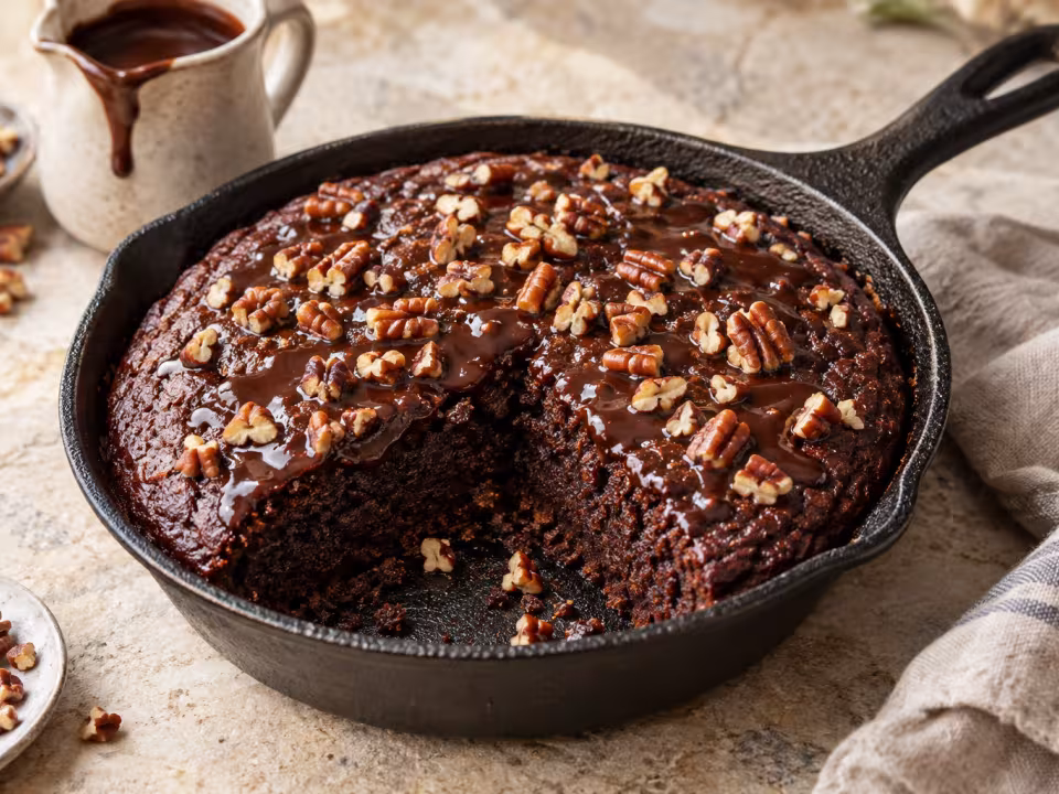 Bizcocho de chocolate en sart&eacute;n con salsa y nueces pecanas, preparaci&oacute;n terminada