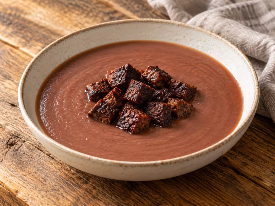 Crema fina de jud&iacute;as rojas con dados de morcilla crujiente en un cuenco