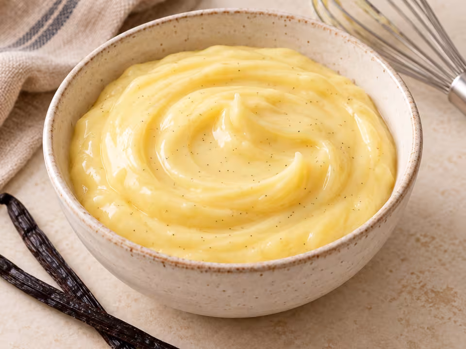 Crema pastelera de vainilla espesa y lisa en un cuenco de cerámica, con varillas y vainas de vainilla