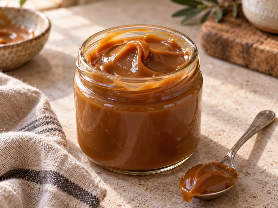 Dulce de leche cl&aacute;sico casero en un recipiente con su textura visible