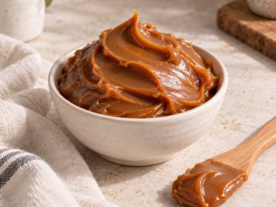Dulce de leche repostero casero en un recipiente con su textura visible