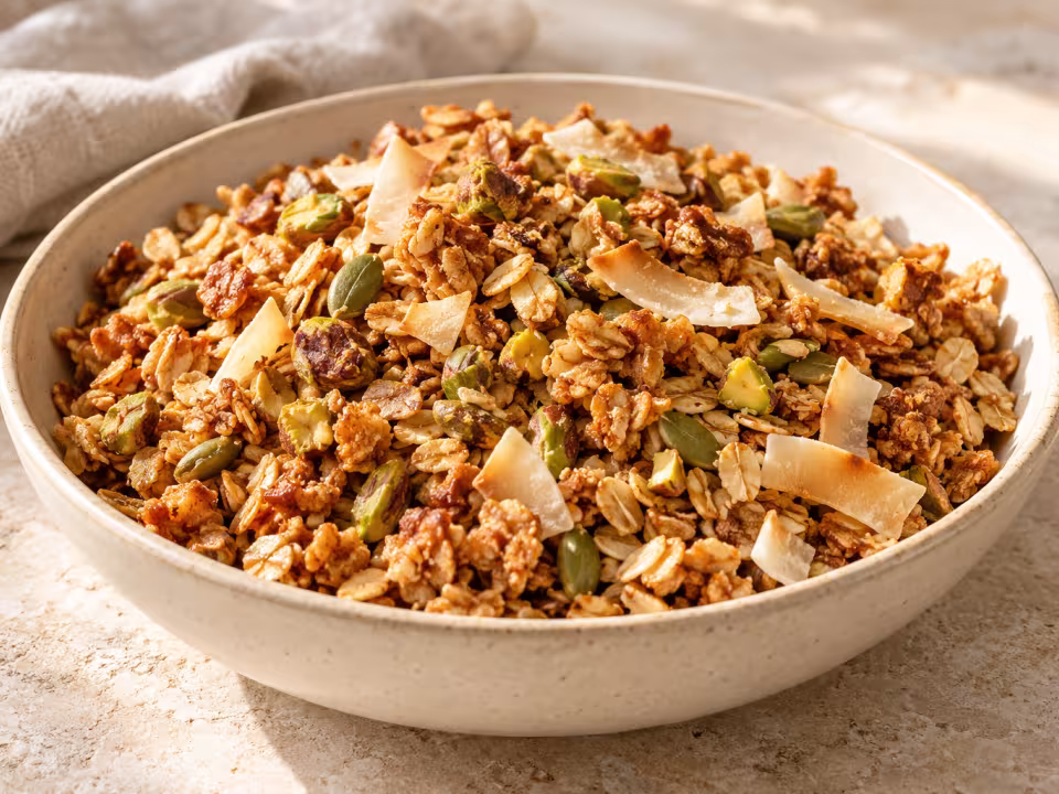 Granola tostada con copos de avena, pistachos, coco en escamas y semillas de calabaza en un cuenco claro