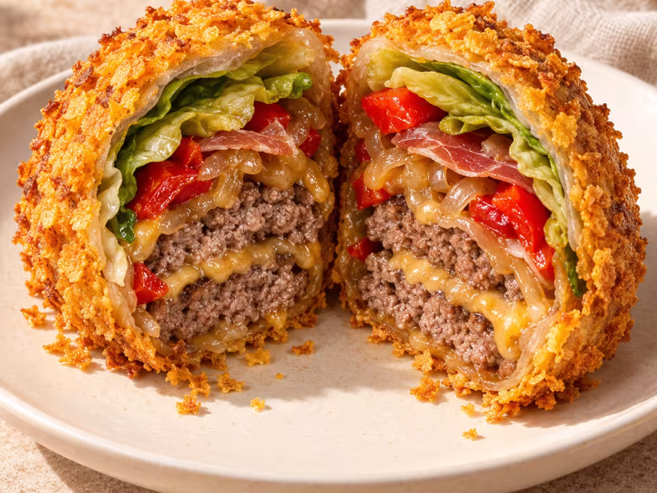 Hamburguesa de dos discos de ternera con cheddar y verduras, envuelta en obleas de arroz crujientes y cortada en dos mitades