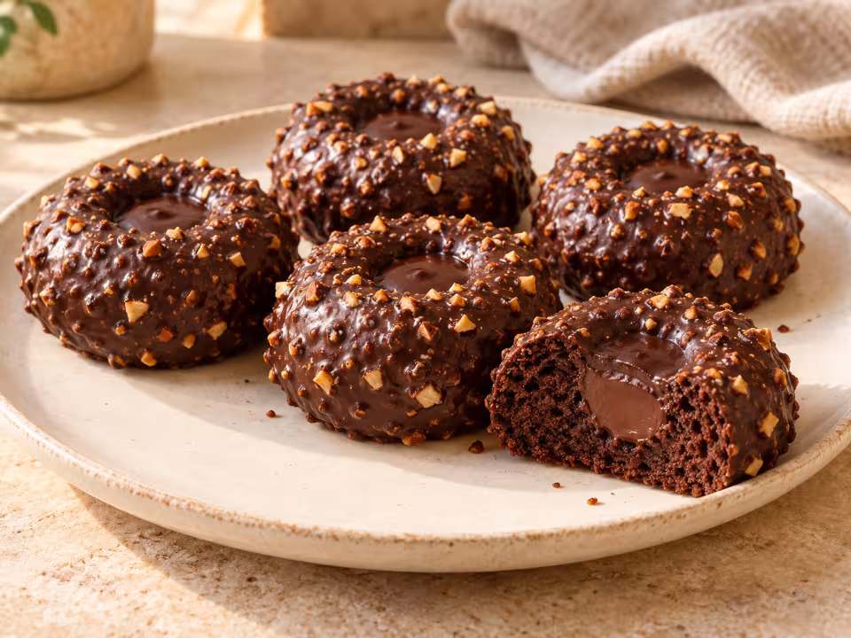 Rosquillas de boniato con ganache y chocolate almendrado sobre un plato