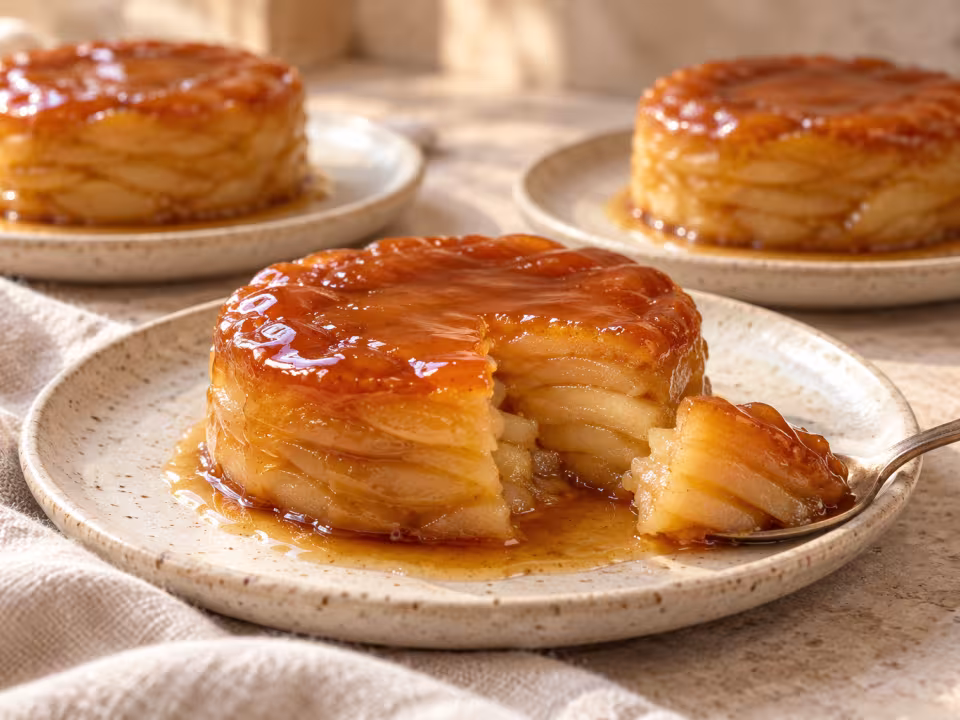 Pastelitos desmoldados de láminas de manzana con caramelo ámbar por encima