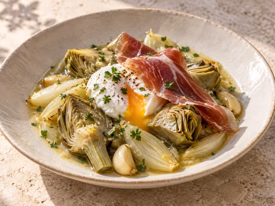 Braised artichokes with egg, ham and lemon, finished dish