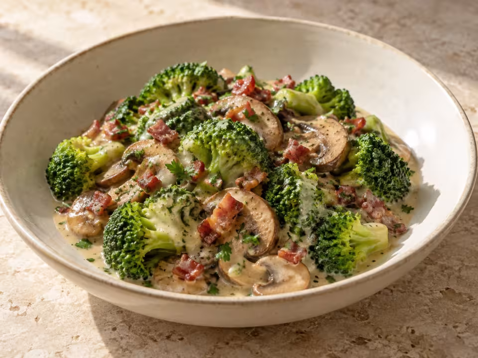 Broccoli with mushrooms and bacon velout&eacute;, finished dish