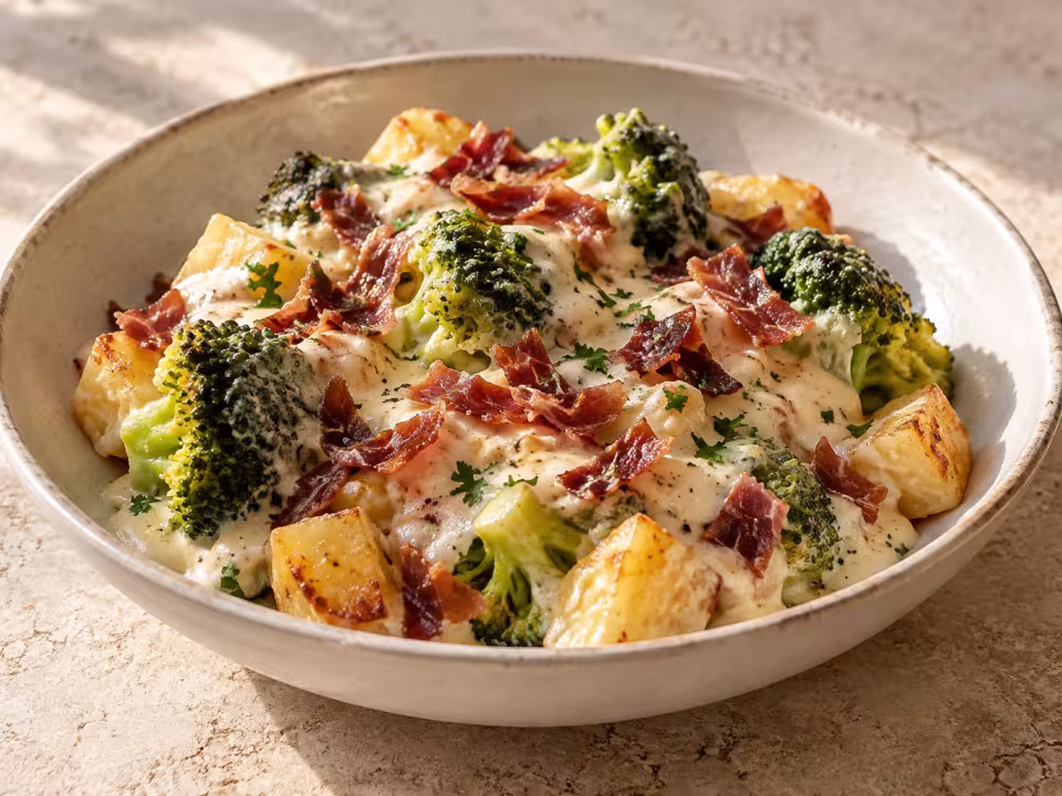 Broccoli and potatoes with ham and cheese b&eacute;chamel, finished dish
