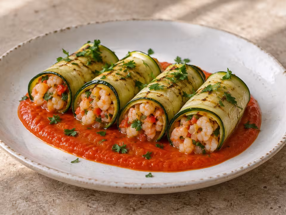 Courgette and prawn cannelloni with pepper sauce, finished dish