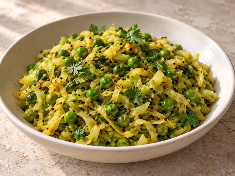 Cabbage with peas, mustard seeds and coriander, finished dish