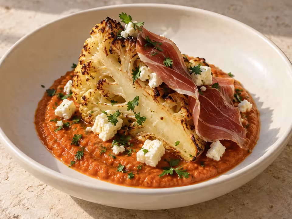 Coliflor asada con feta, jam&oacute;n y salsa de tomate, plato terminado