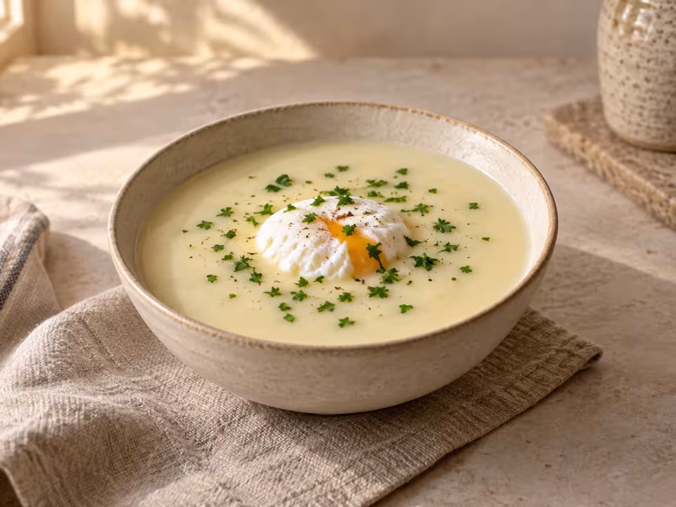 White asparagus soup with poached egg, finished dish