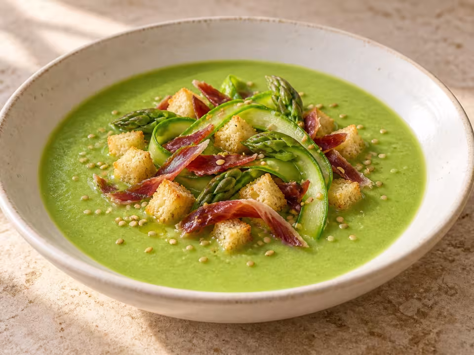 Asparagus and pea soup with serrano ham, finished dish